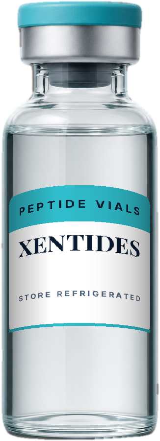 A XenTides peptide vial: clear glass, aluminium crimp cap, printed label.